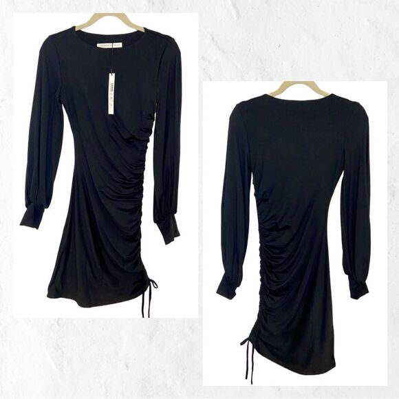 NWT Susana Monaco Balloon Sleeve Gathered Side Ruching with Tie Dress in Black - Picture 2 of 7